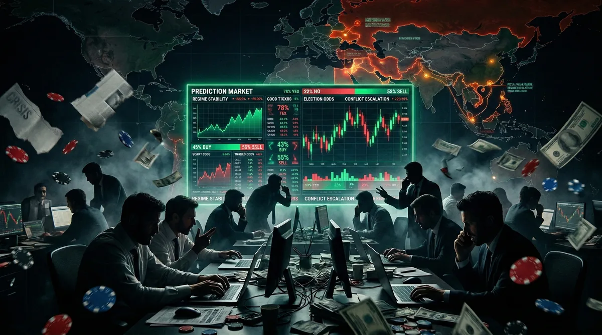 Prediction market trading screen showing geopolitical betting odds