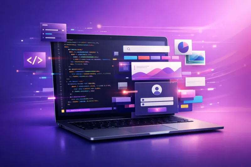 Laptop with AI-generated code and UI components assembling
