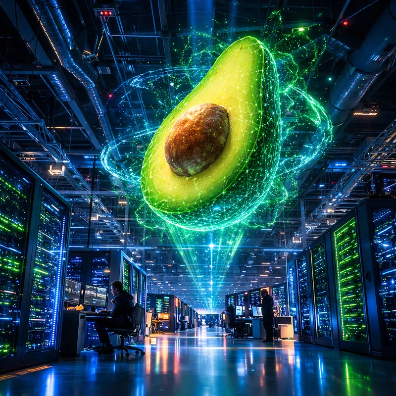 Meta futuristic data center with holographic avocado AI model concept