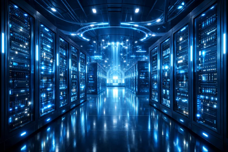 Futuristic AI data center with glowing server racks