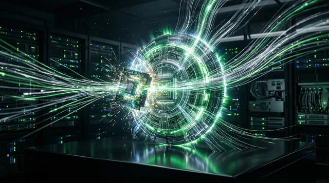 Futuristic AI inference chip glowing with green and silver energy representing Nvidia Groq partnership