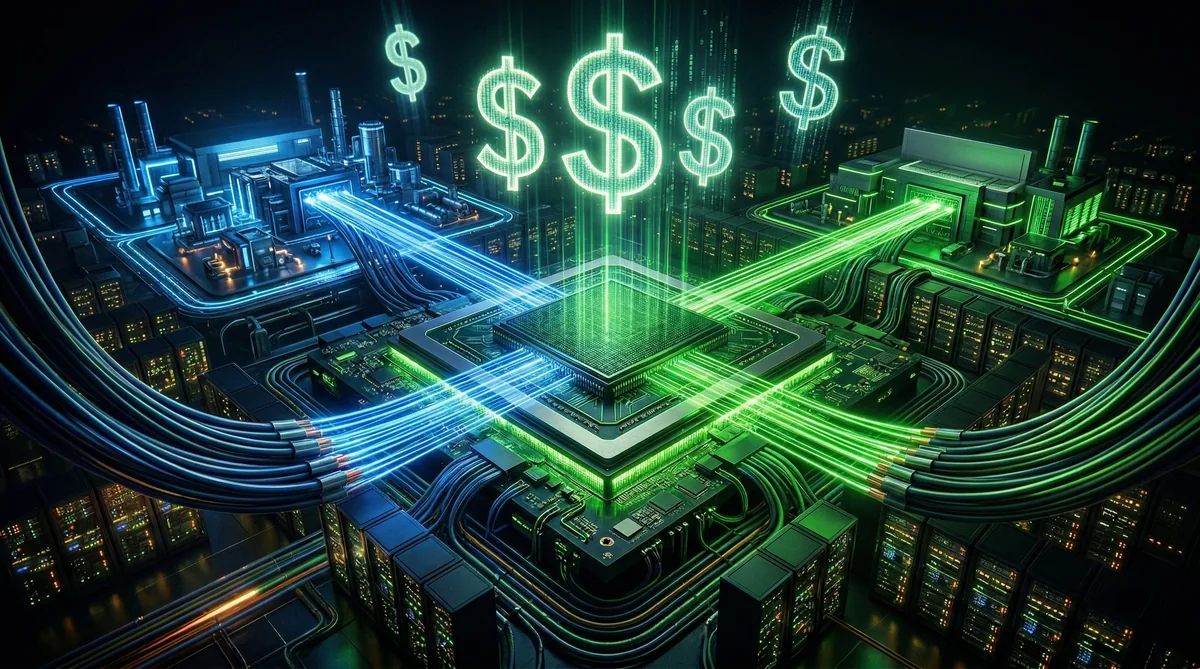 Nvidia photonics investment illustration with laser beams and GPU chips