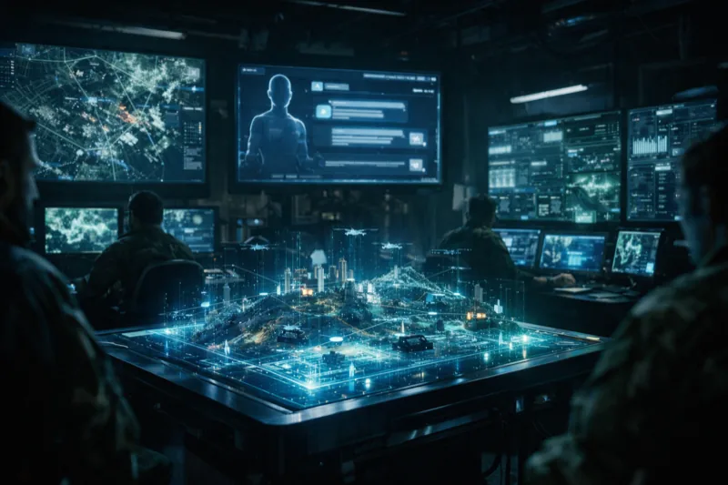 Military command center with AI chatbot war planning screens