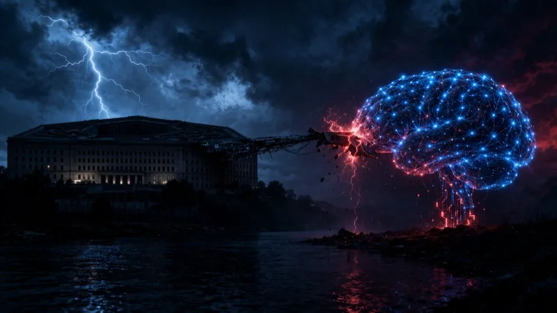 Pentagon building and AI brain in dramatic standoff representing Anthropic dispute