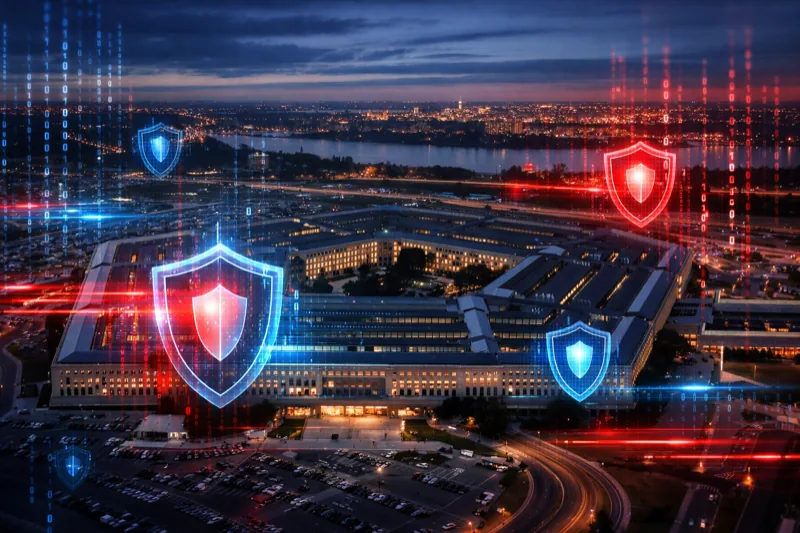 Pentagon building with digital security shields