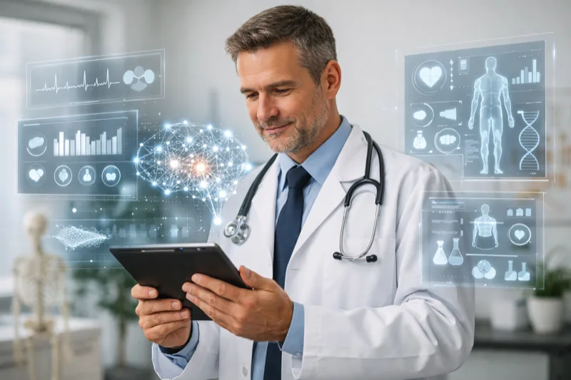Doctor using AI on tablet with medical data visualizations