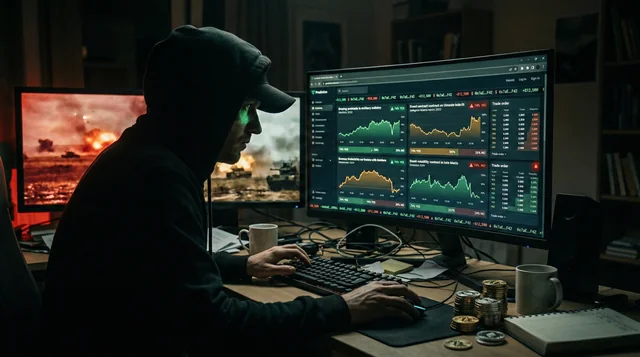 Dark room with glowing prediction market screens and cryptocurrency during military conflict