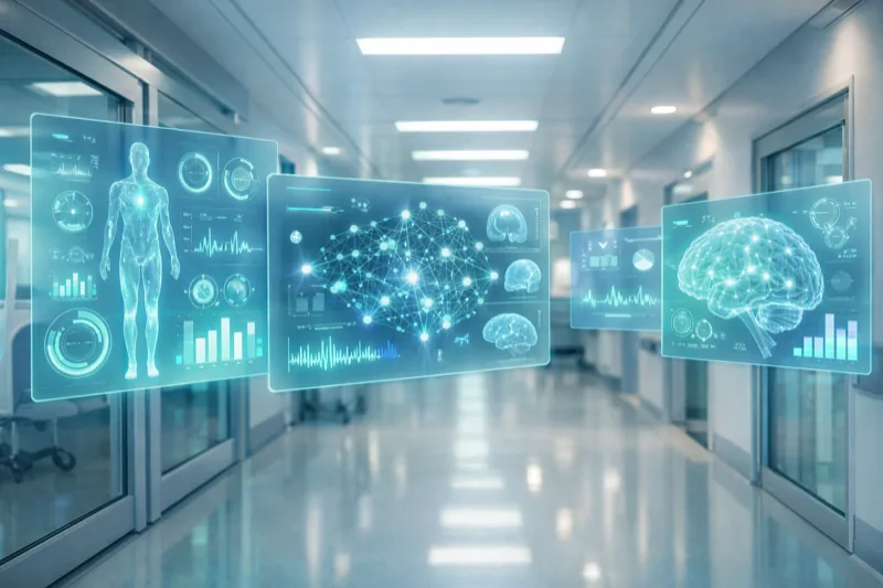Futuristic hospital corridor with AI holographic health data dashboards