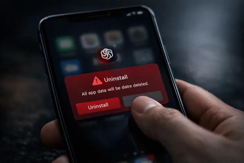 Smartphone deleting ChatGPT app representing QuitGPT movement