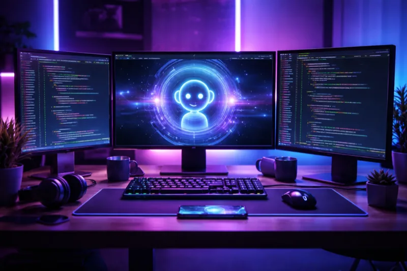 Futuristic coding workspace with multiple glowing monitors showing code editors and AI interface with purple and blue neon lighting