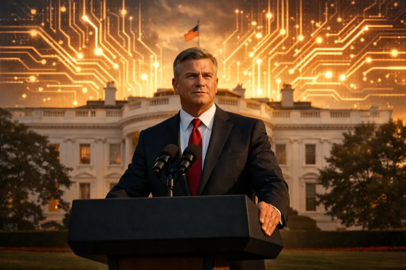 Businessman at podium in front of the White House with AI patterns in the sky