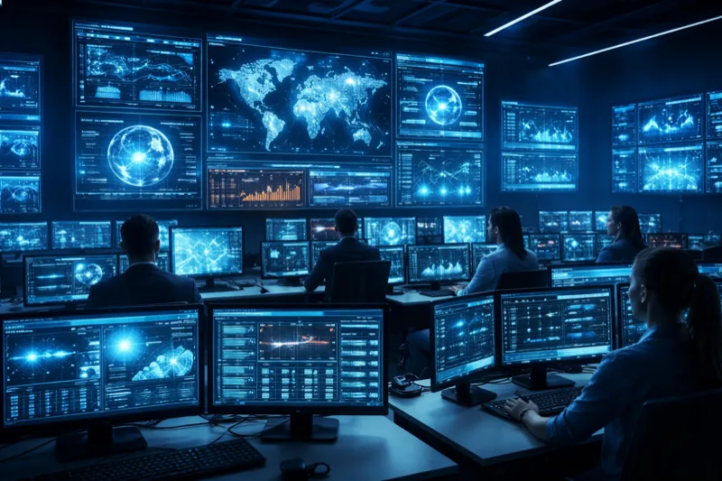 Cybersecurity operations center with threat detection dashboards