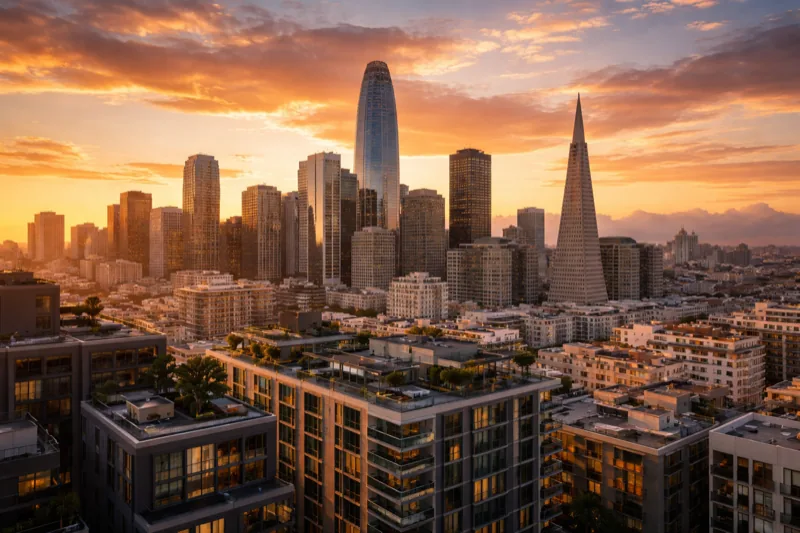 San Francisco skyline with apartment buildings at sunset