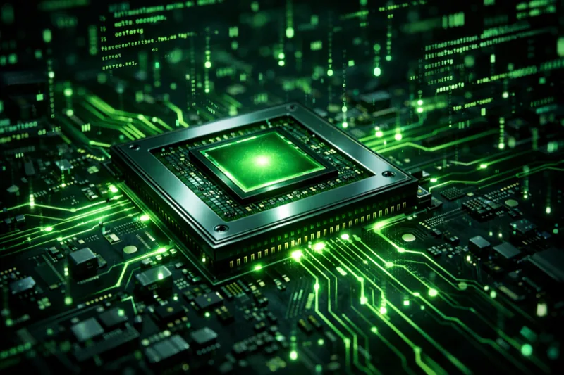 GPU processor chip with glowing circuit traces