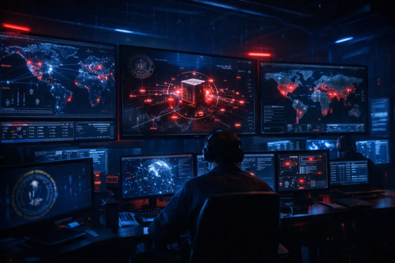 Cybersecurity operations center with screens showing network takedown operations