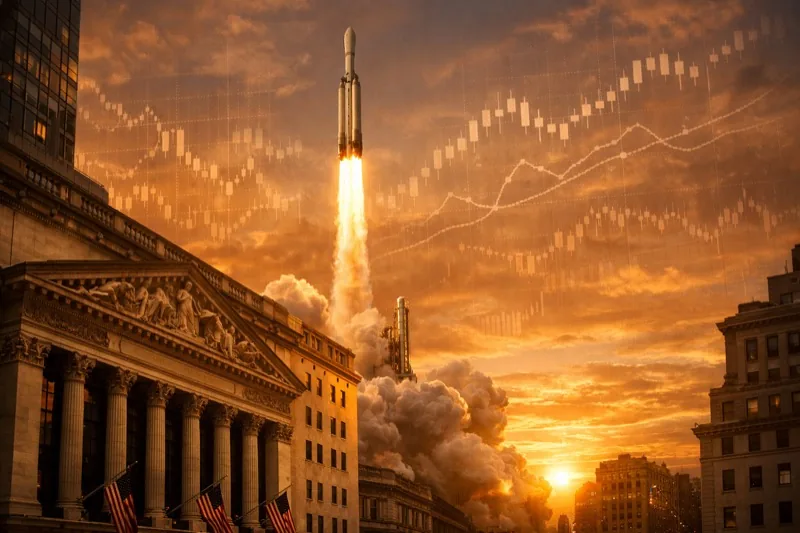 SpaceX rocket launching with stock exchange and financial charts in background