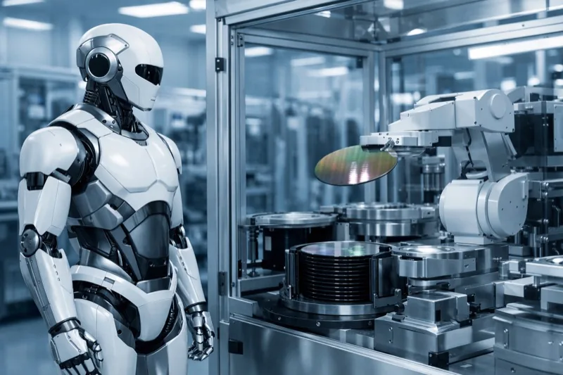 Humanoid robot working inside a semiconductor fabrication cleanroom at STMicroelectronics