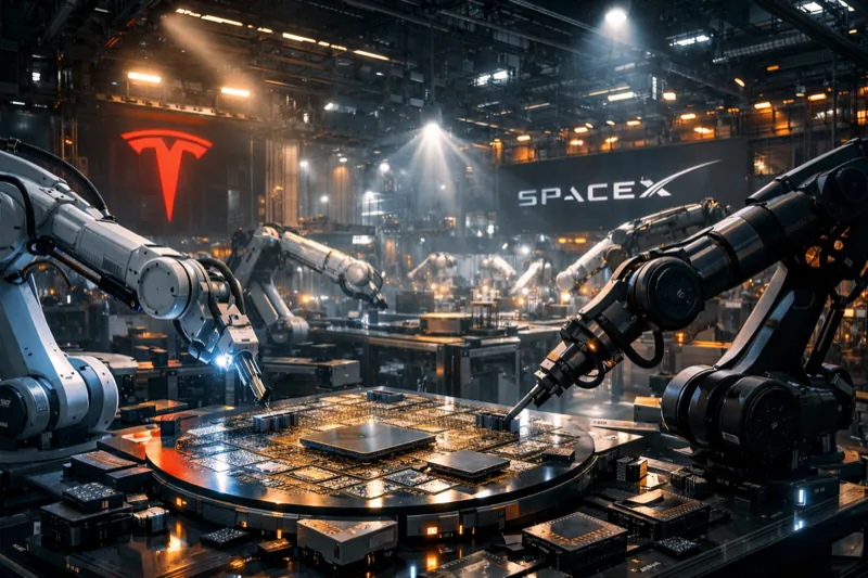 Massive futuristic chip fabrication factory with Tesla and SpaceX logos