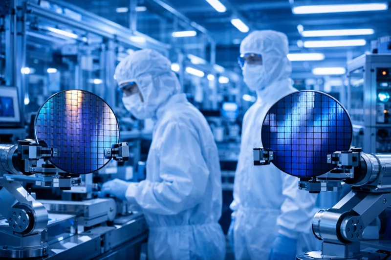TSMC semiconductor fabrication cleanroom with silicon wafers
