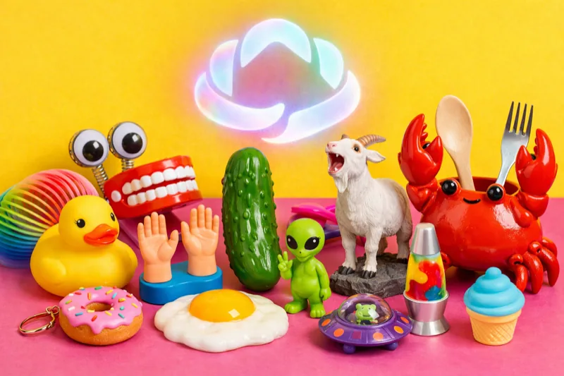 Colorful collection of bizarre novelty products from Amazon including rubber ducks and quirky gadgets