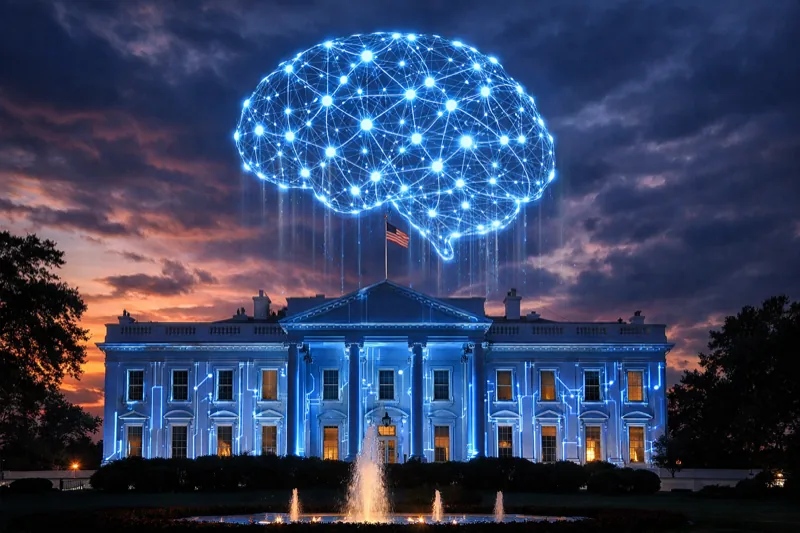 White House with AI holographic neural network projected above it at dusk
