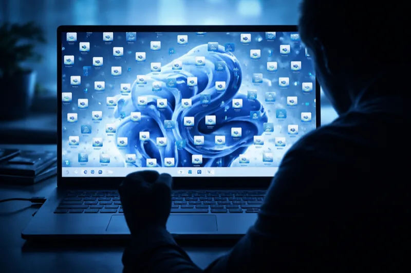 Windows 11 laptop with cluttered Copilot AI icons on desktop