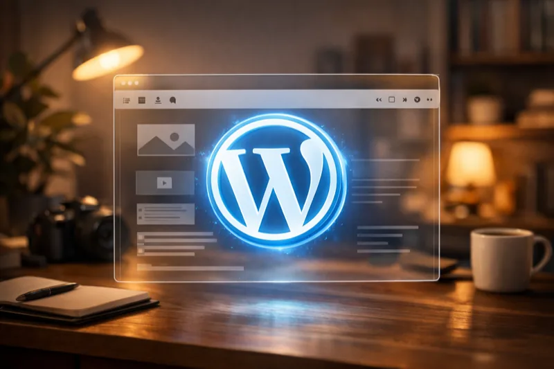 WordPress logo glowing inside a browser window on a cozy home office desk