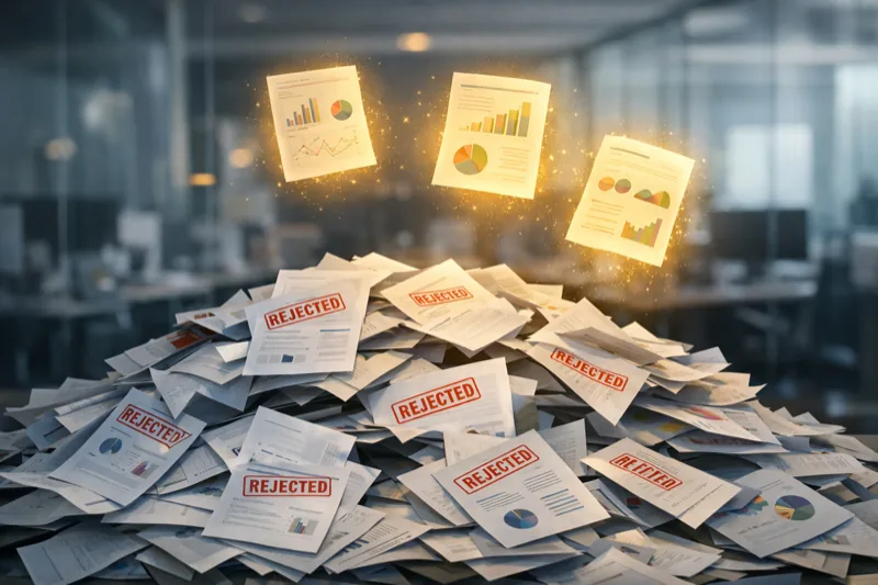 Rejected AI startup pitch decks with approved documents floating above