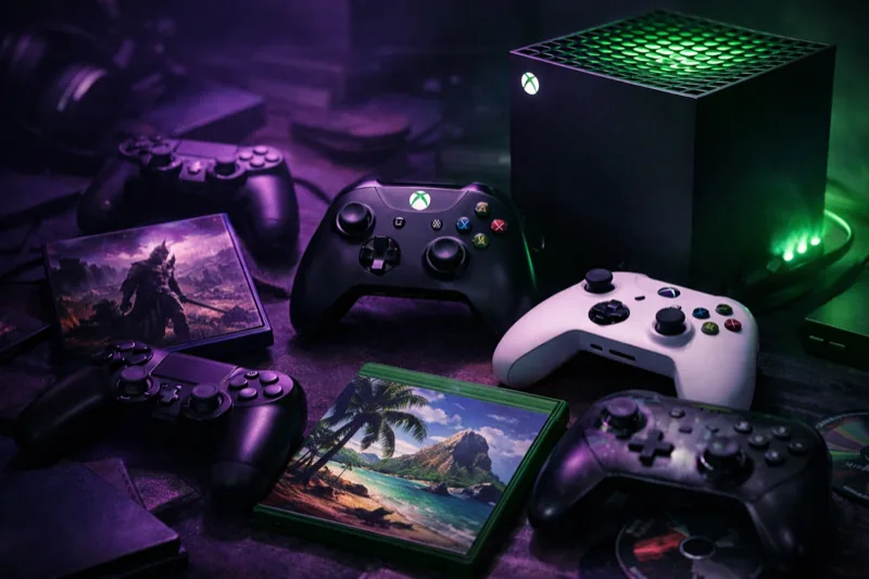 Xbox Free Play Days gaming setup with controllers and game cases
