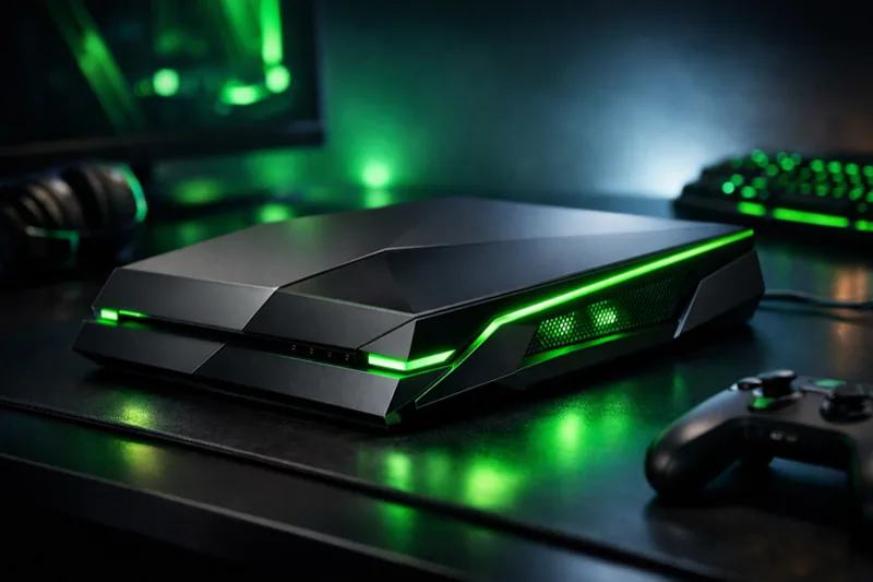 Futuristic next-generation gaming console with green LED accents on a dark gaming desk with dramatic lighting