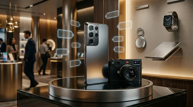 Xiaomi 17 Ultra smartphone with Leica camera displayed on a premium pedestal alongside AirTag clone and ultra-slim powerbank at MWC 2026