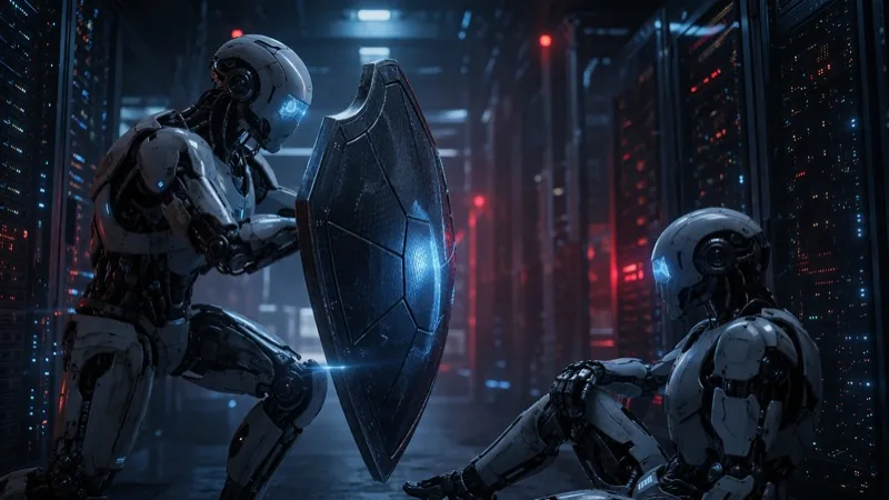 AI robots protecting each other in a dark server room