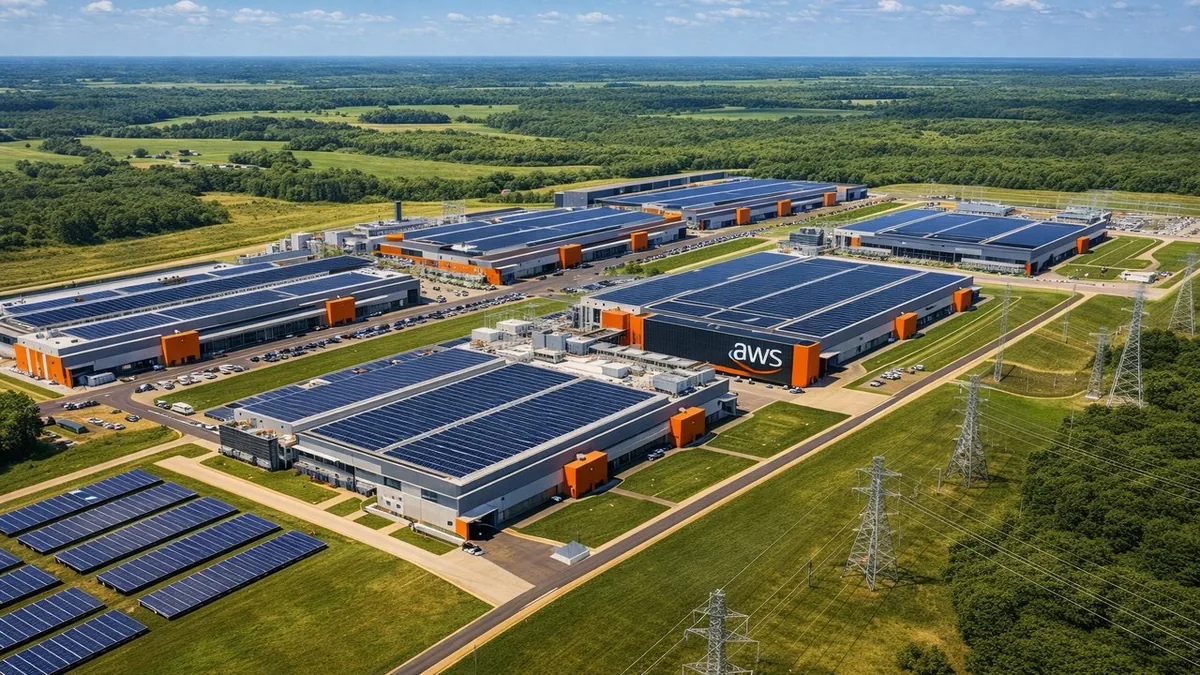 Amazon AWS data center campus in Mississippi with solar panels and green landscape