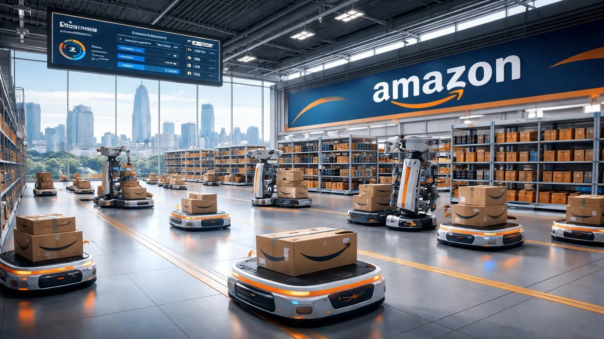 Amazon smart warehouse in Shenzhen China with autonomous robots and Shenzhen skyline in background