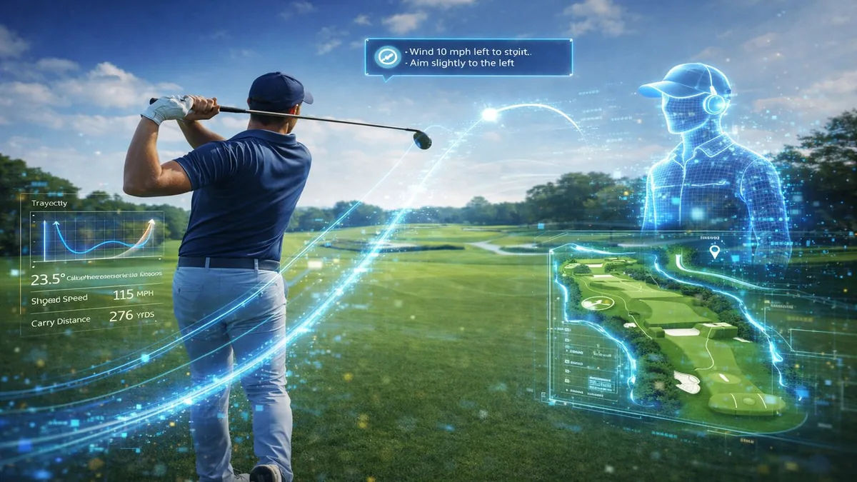 Golfer using AI holographic swing analysis on a smart golf course