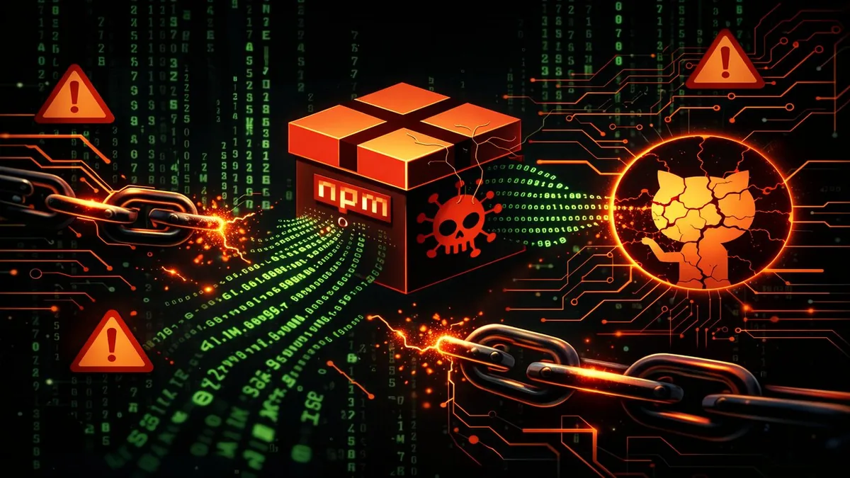 Cybersecurity supply chain attack visualization with broken chain links and malicious code flowing through npm packages