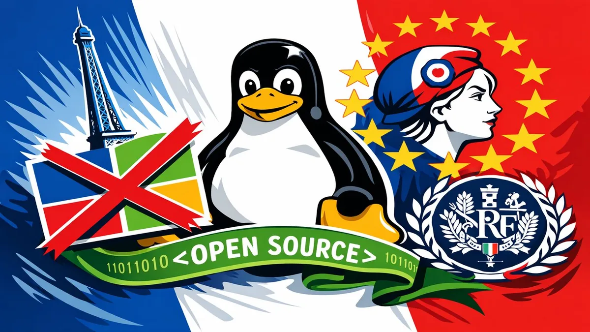 Linux Tux penguin mascot on French tricolor flag with Eiffel Tower and EU stars representing France government open source migration