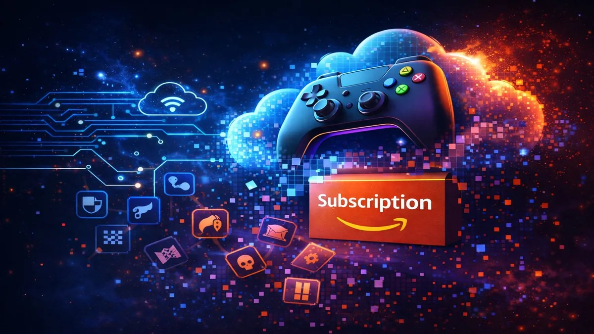 Gaming controller floating in digital cloud with dissolving game library icons representing Amazon Luna subscription changes