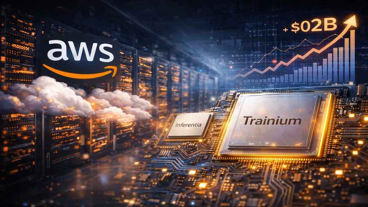 AWS data center with orange glow showing AI revenue growth, Trainium chip closeup and revenue chart overlay