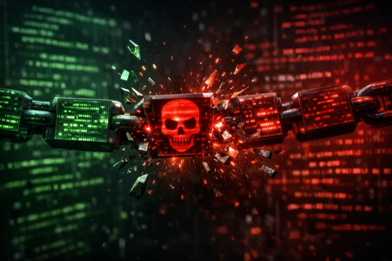 Chain of code blocks breaking apart with red malware skull icon injected
