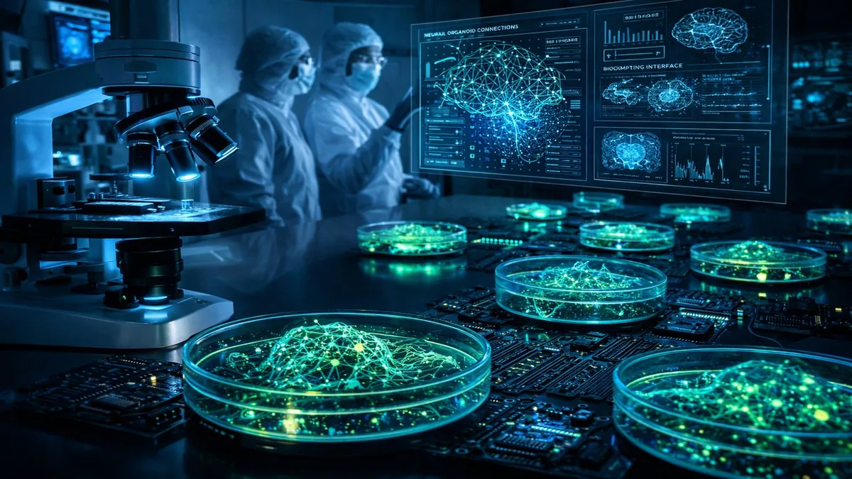 Biopunk laboratory with glowing neural organoids connected to circuit boards for biological AI computing