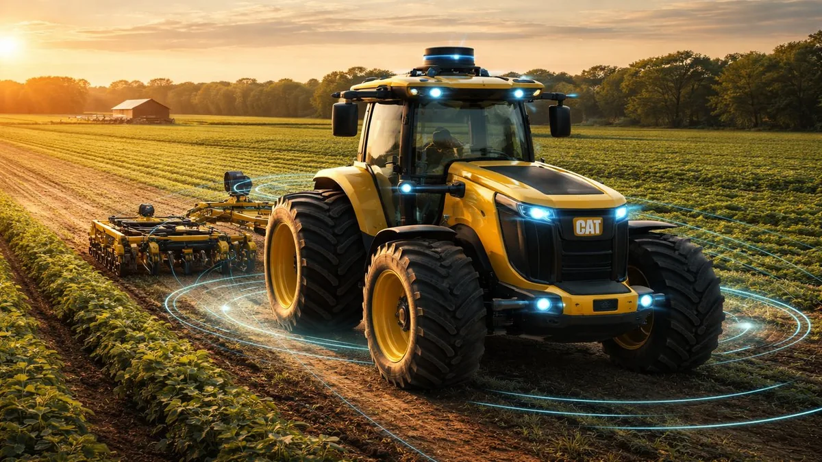 Autonomous electric Monarch Tractor driving through a farm field acquired by Caterpillar