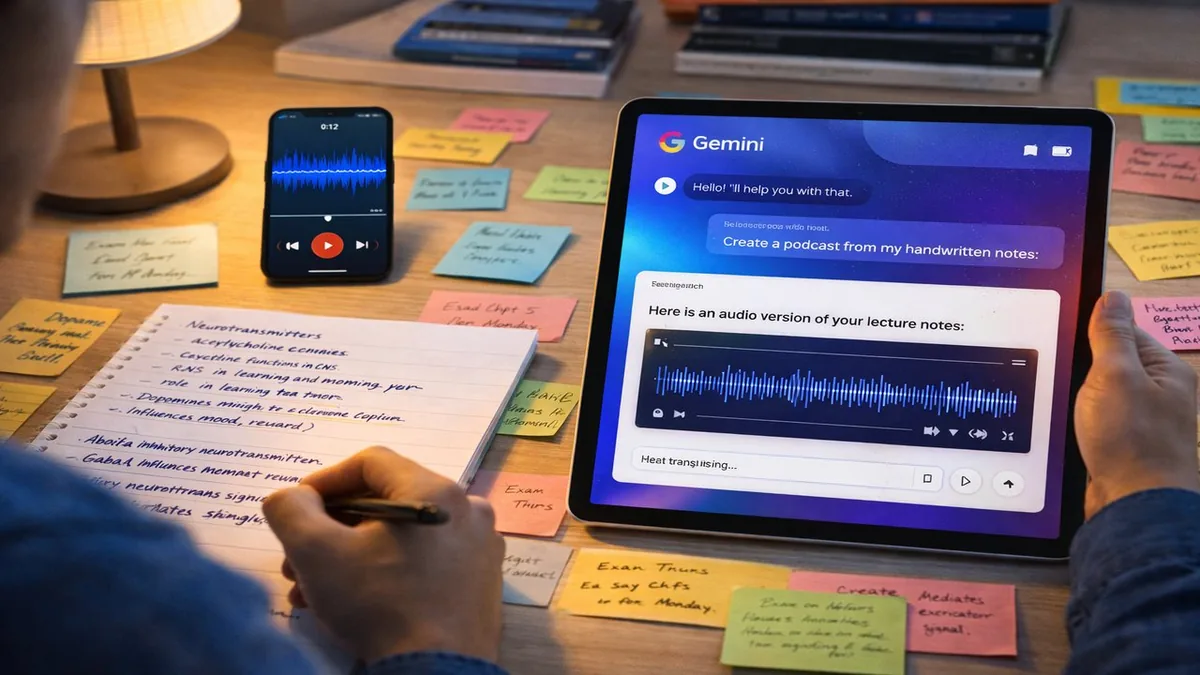 Google Gemini converting lecture notes into podcast audio and practice quiz cards for student study