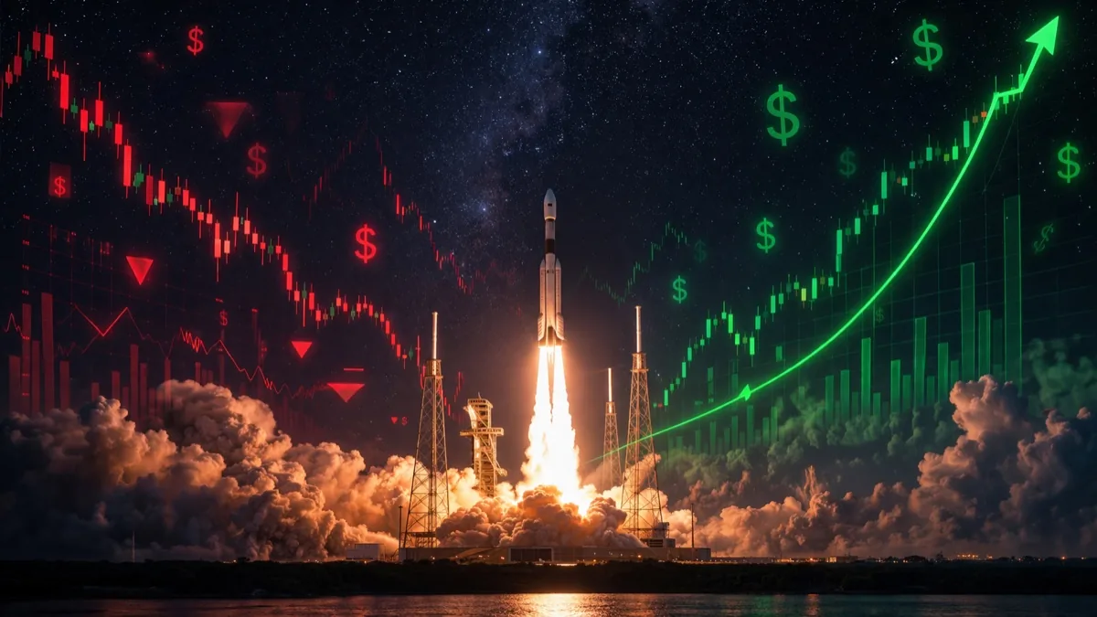 SpaceX rocket launch with financial data overlay