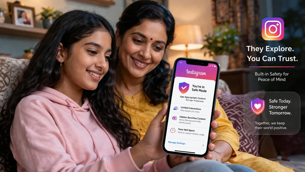 Indian parent and teenager looking at Instagram safety features on a phone together