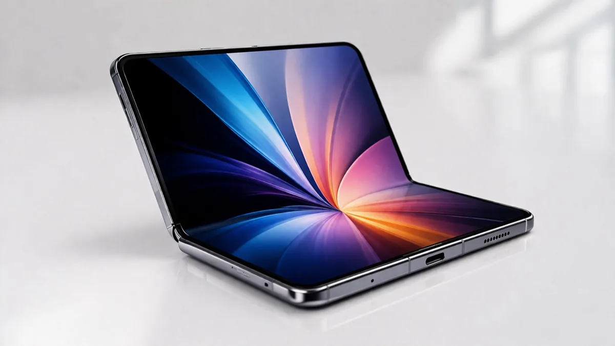 Apple foldable iPhone book-style form factor with vibrant inner display on minimalist white surface