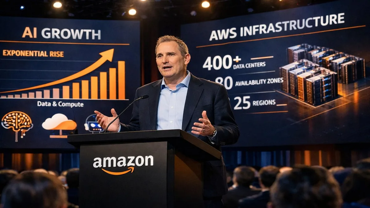 Amazon CEO Andy Jassy presenting at shareholder meeting with AI growth charts