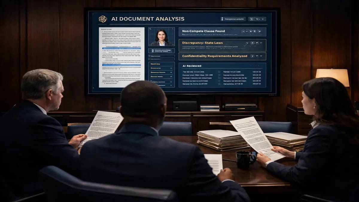 Law firm conference room with lawyers reviewing AI-generated documents on screens