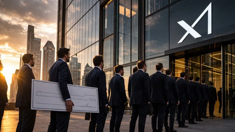 Wall Street bankers outside a building with Grok AI logo, symbolizing SpaceX IPO requirements