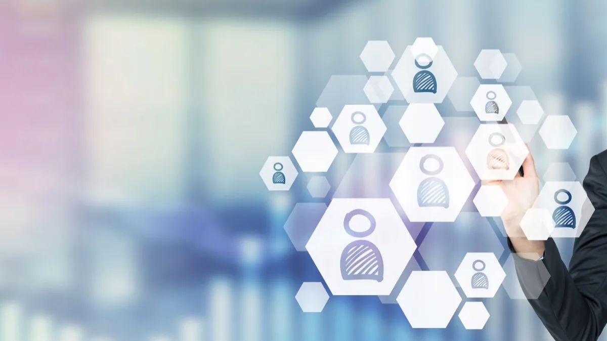 HR outsourcing concept with hexagonal people management icons